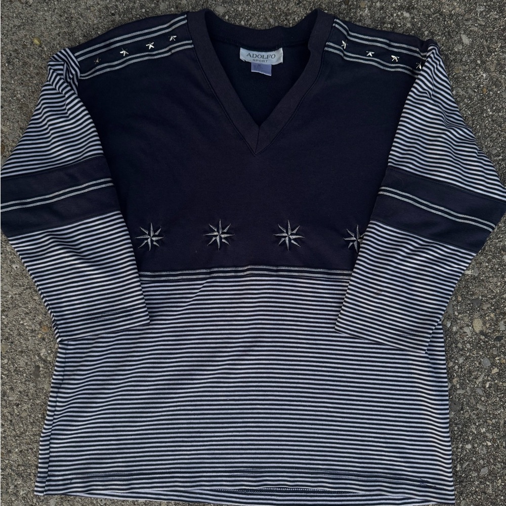 Adolfo Navy and White Striped Top
